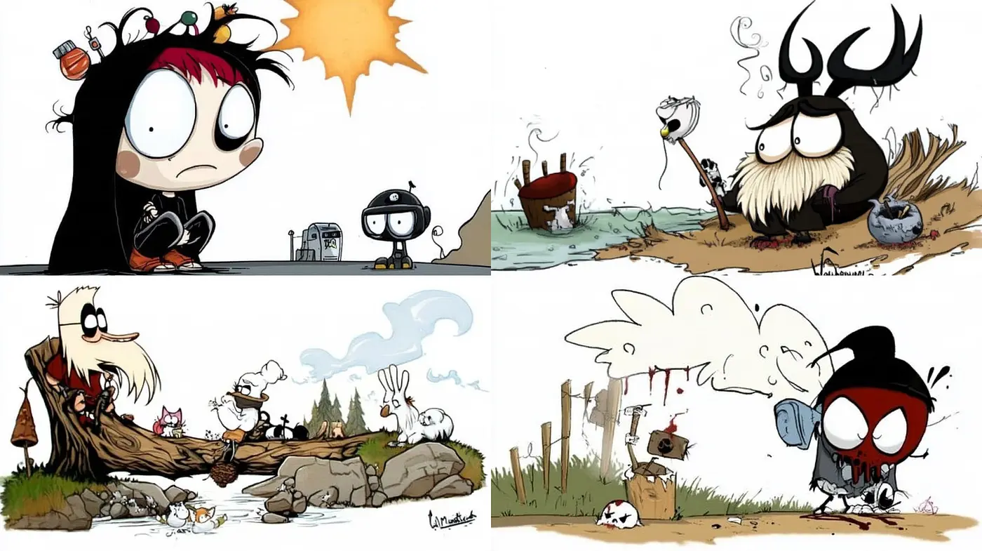 Colorful Whimsical Cartoon Style with Dark Undertones - Midjourney sref style