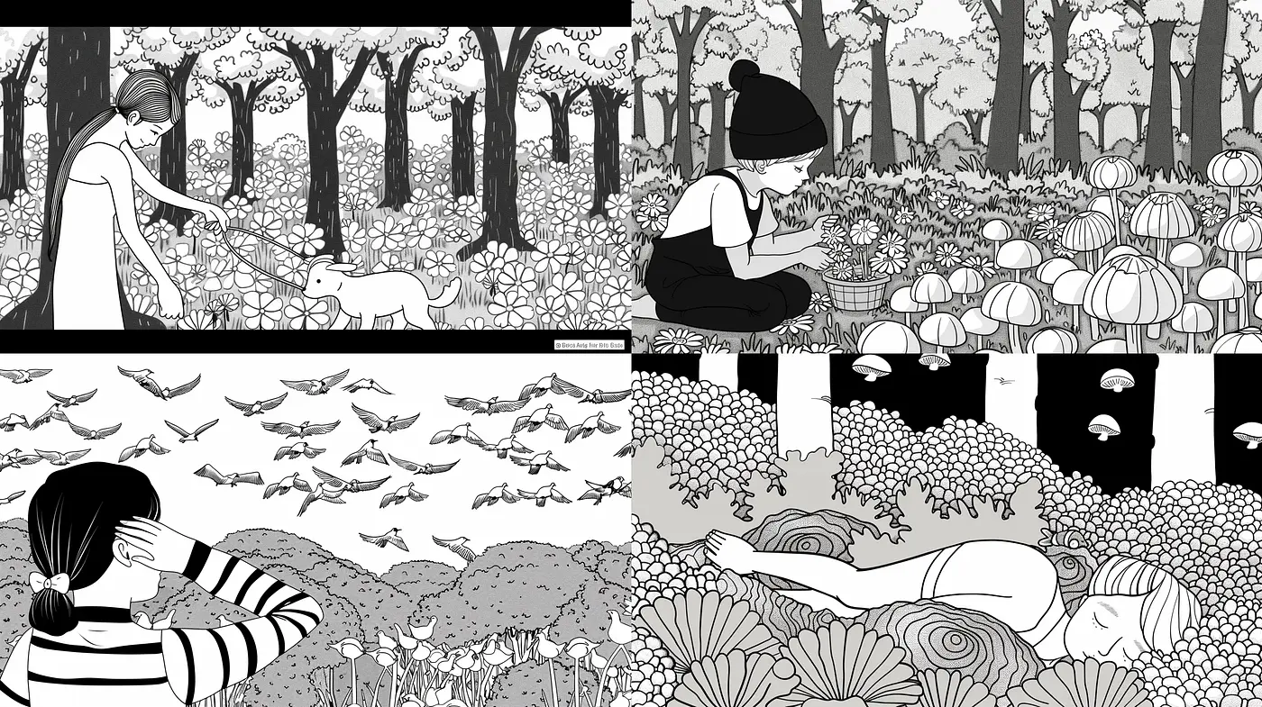 Monochromatic Nature Scenes with a Touch of Serenity and Whimsy - Midjourney sref style