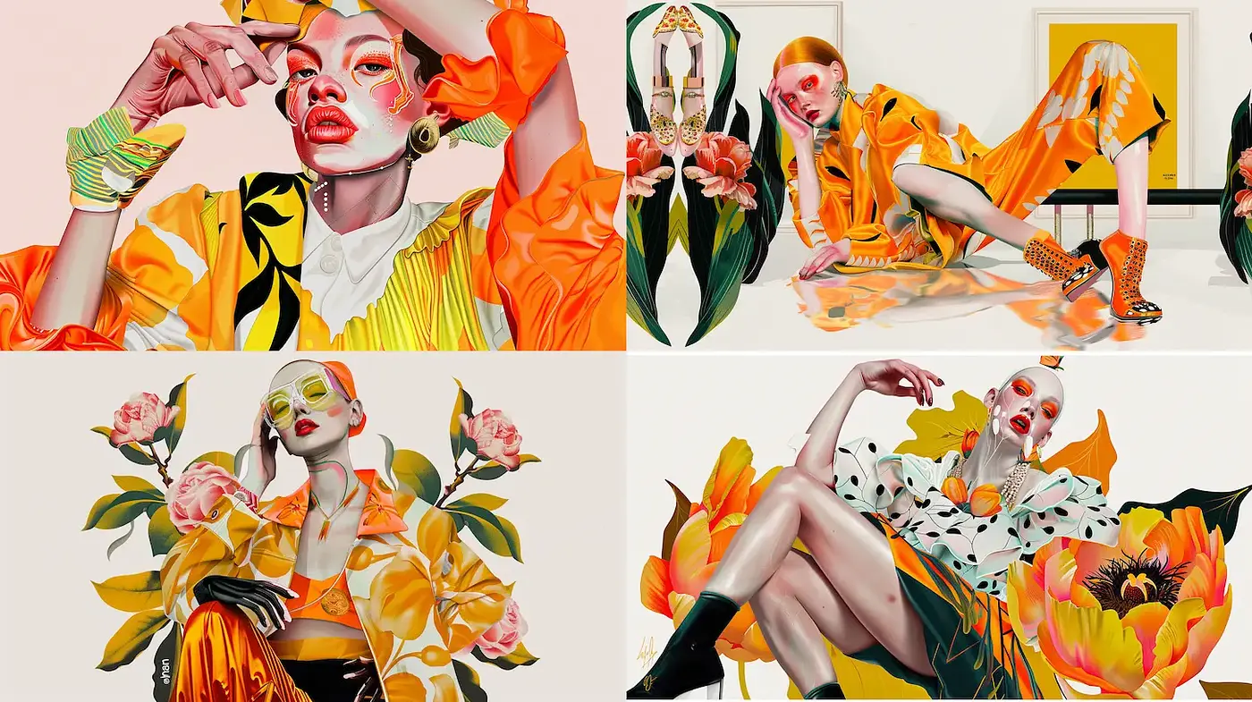 Vibrant and eclectic fashion art with floral motifs and high contrast - Midjourney sref style