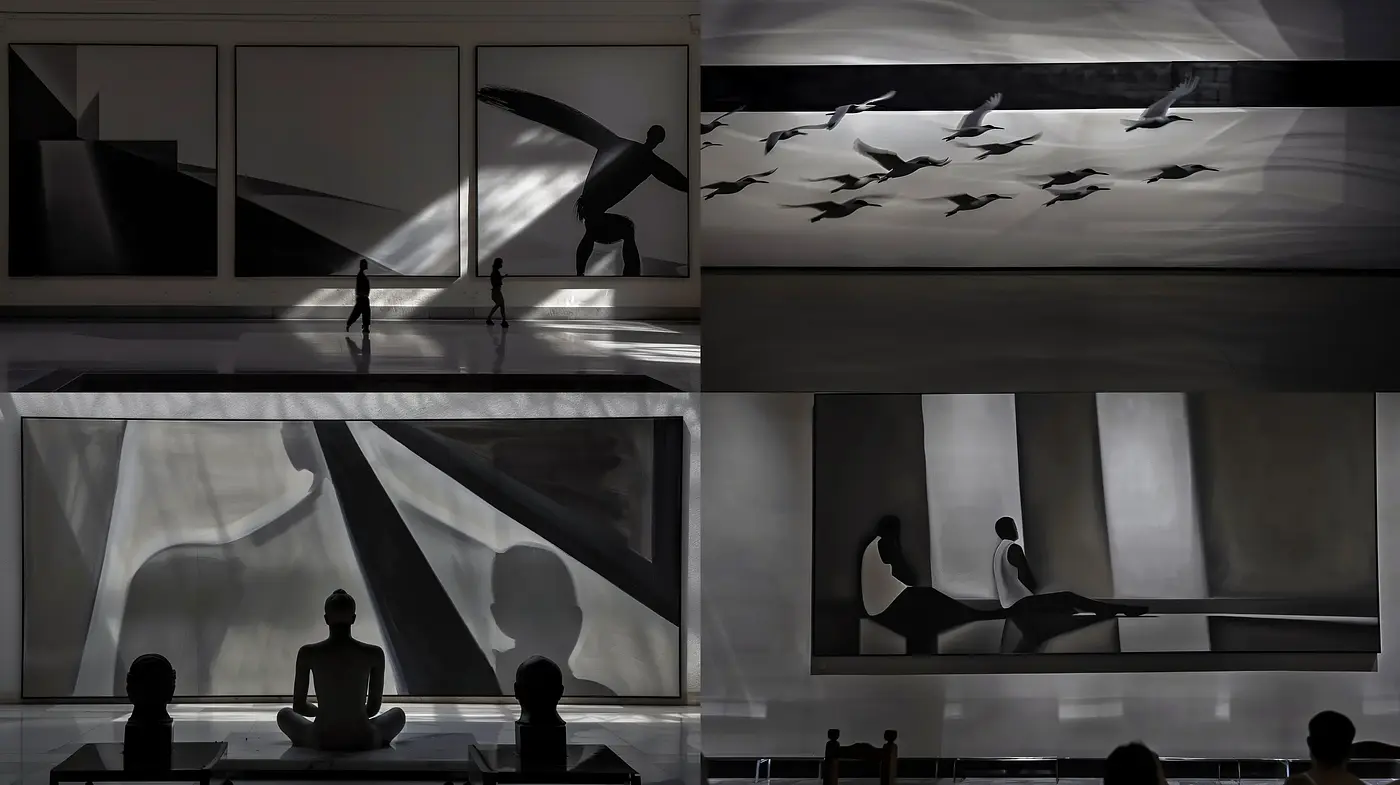 Ethereal Monochrome Silhouettes: A Dance of Shadows and Light - Midjourney sref style
