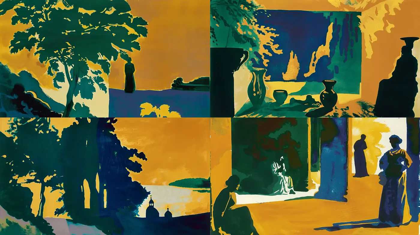 Ethereal Twilight Contrast in Stylized Nature and Culture Vignettes - Midjourney sref style