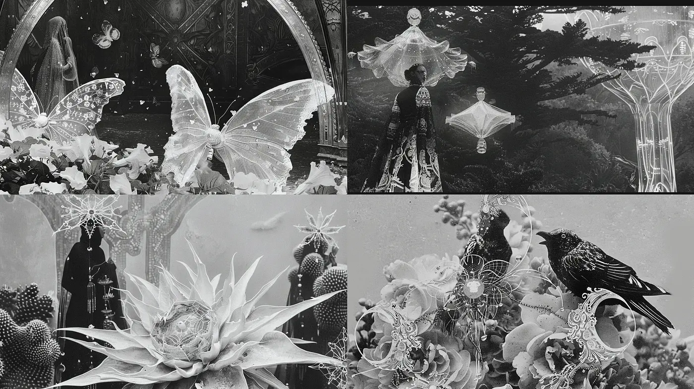 Monochromatic Ethereal Dreamscape with Surrealist Overtones - Midjourney sref style