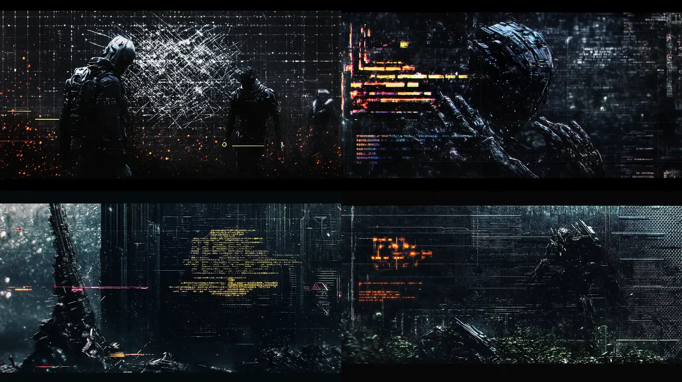 Cybernetic Dreamscape: A Fusion of Digital Chaos and Neon Noir - Midjourney sref style