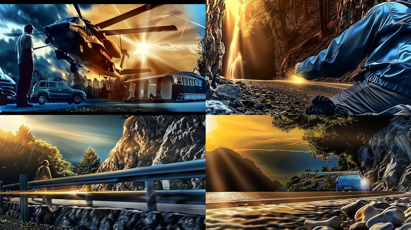 Illuminated Twilight: A Cinematic Blend of Warm Hues and Sharp Contrasts in Digital Art - Midjourney sref style