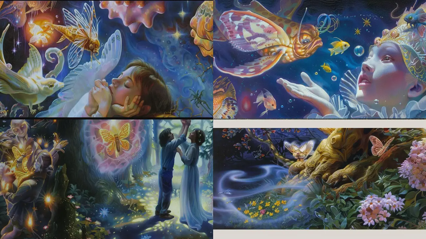 Enchanted Nocturnal Symphony with Lustrous Fauna - Midjourney sref style