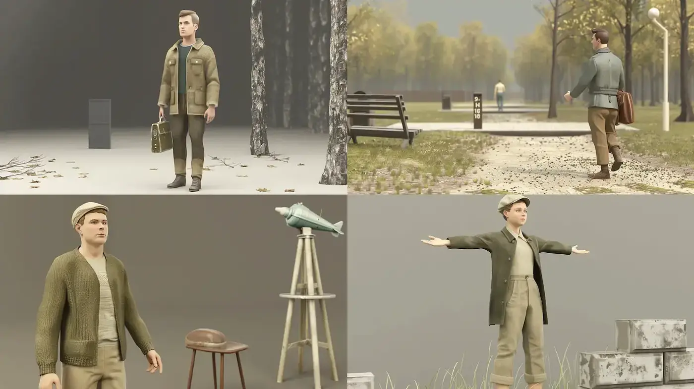 Stylized Depiction of Vintage Figures in Muted Environment - Midjourney sref style