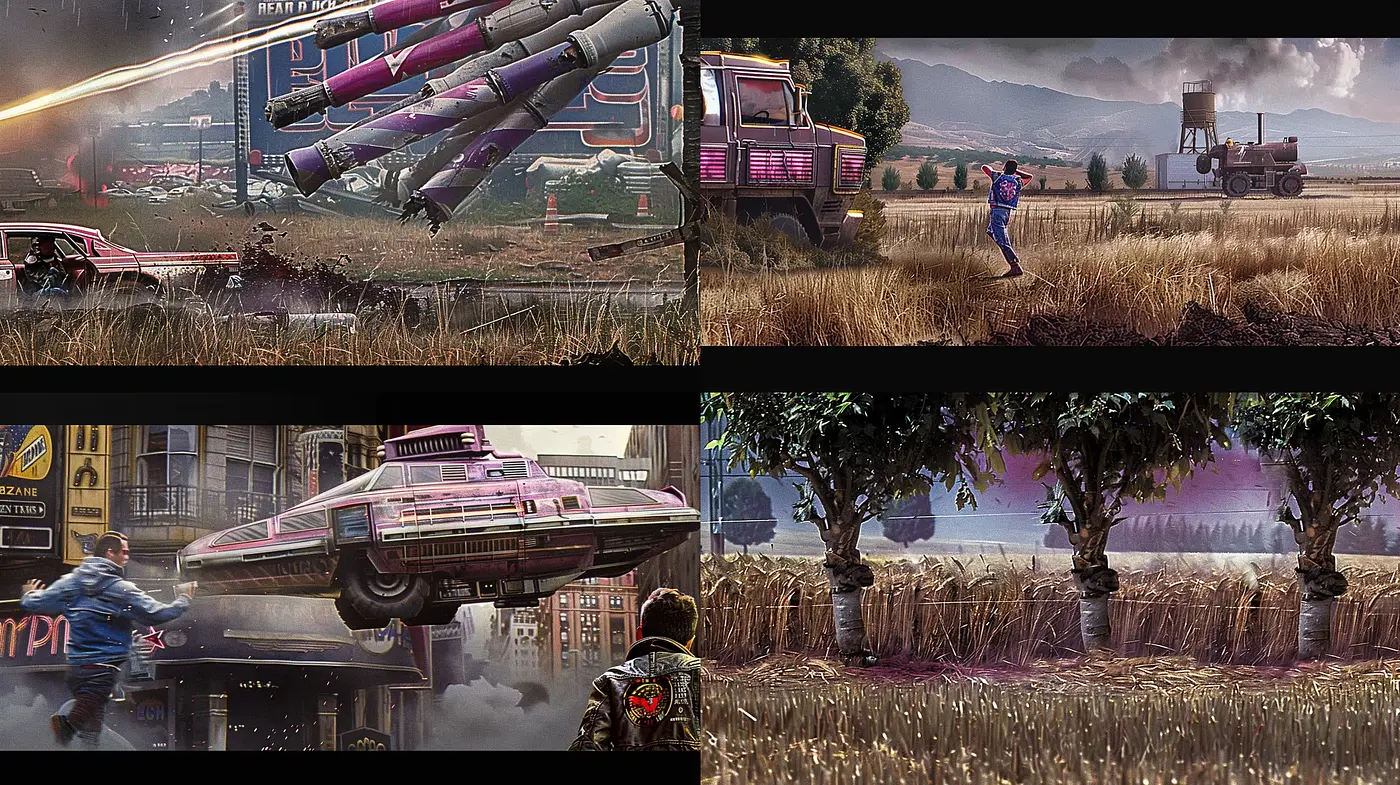 Futuristic Nostalgia in Harvest Fields: A Digital Art Exploration - Midjourney sref style