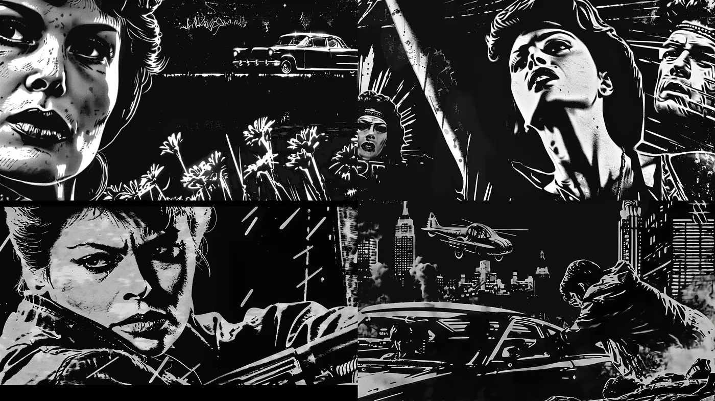 Stark Noir Contrast: A Homage to Graphic Novel Aesthetics - Midjourney sref style