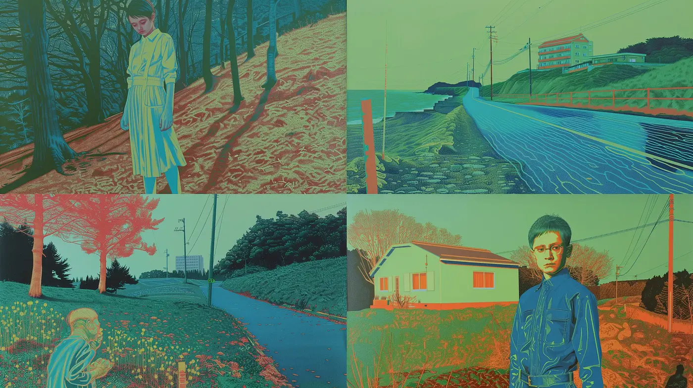 Surreal Cyan and Scarlet Dreamscapes with a Graphic Novel Edge - Midjourney sref style