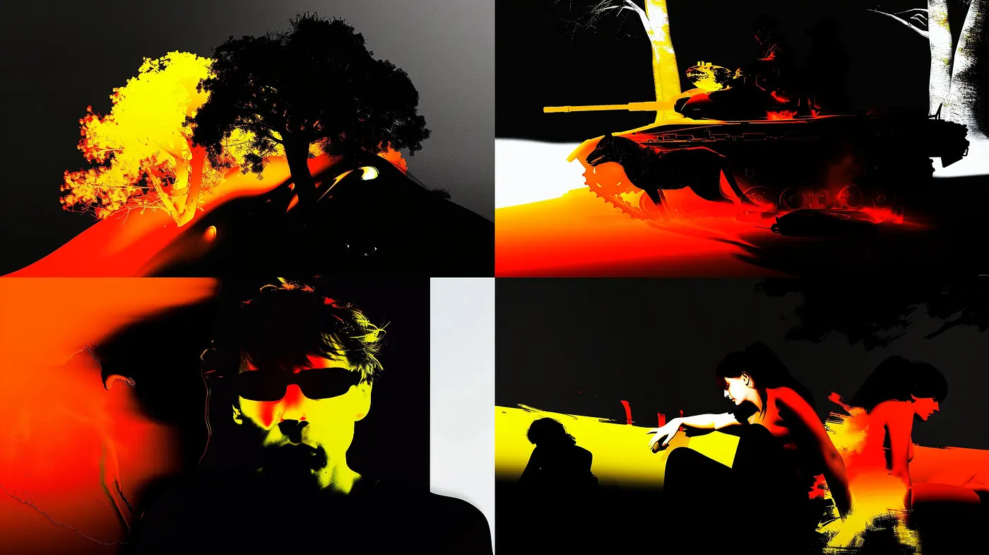 Vibrant Abstract Contrast: The Interplay of Noir Silhouettes and Luminous Hues - Midjourney sref style