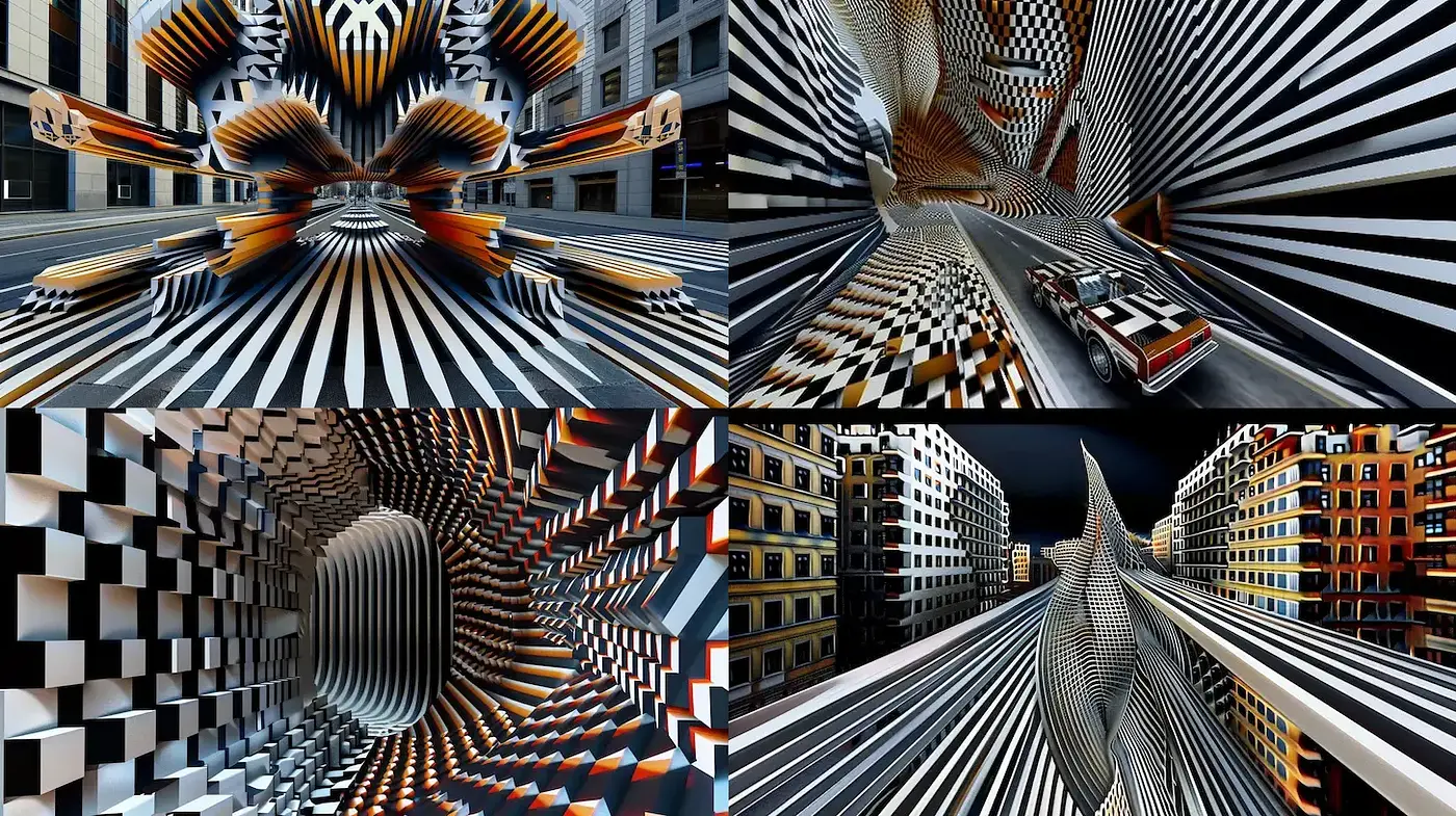 Dynamic Optical Illusions with Geometric Precision and Urban Influences - Midjourney sref style