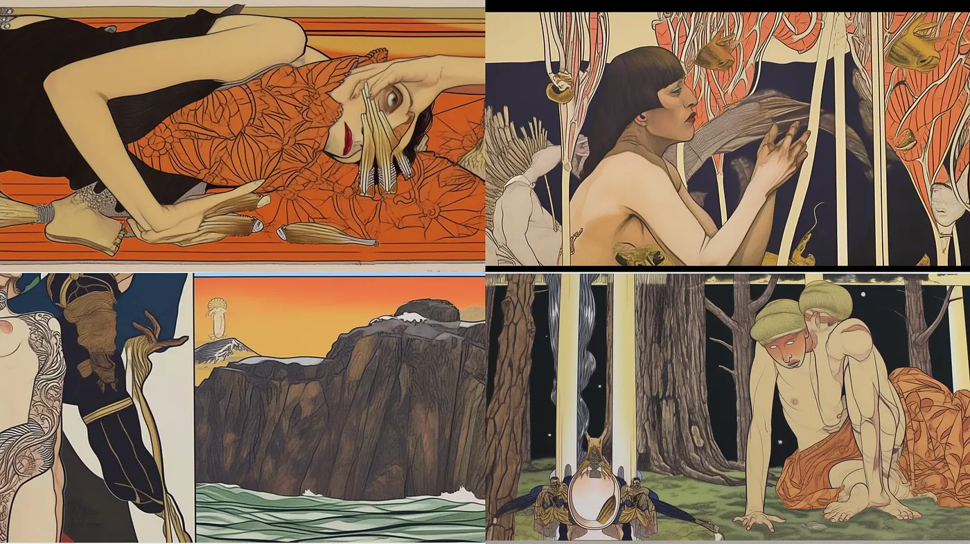 Art Nouveau Synthesis with Earthy Tones and Linear Contours - Midjourney sref style