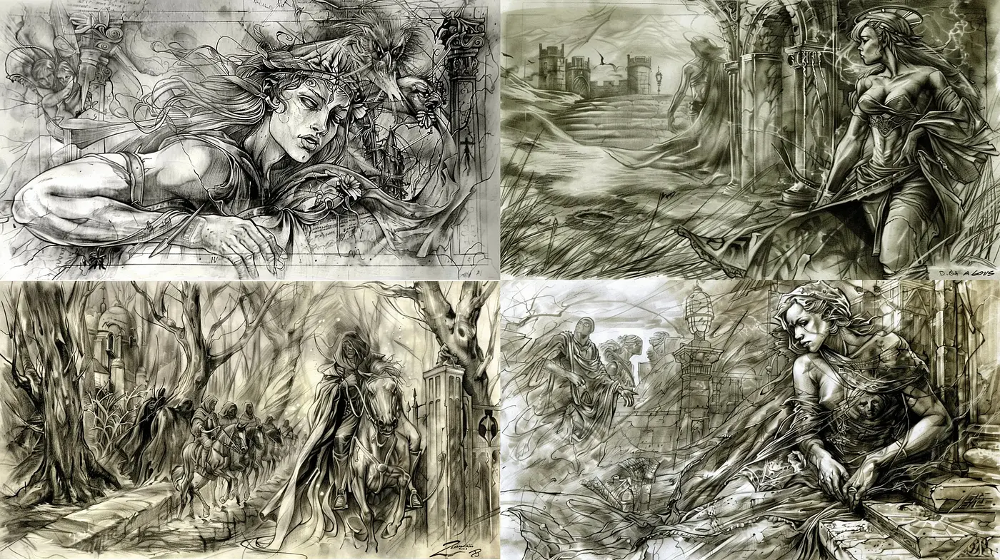 Ethereal Sepia-Toned Fantasy Sketches - Midjourney sref style