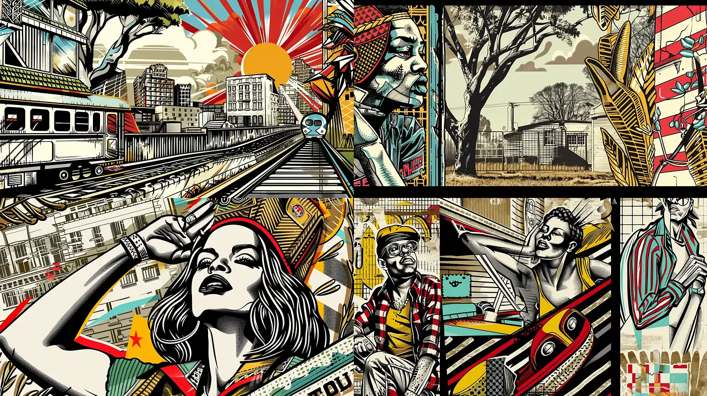Dynamic Retro-Futuristic Urban Tapestry - Midjourney sref style