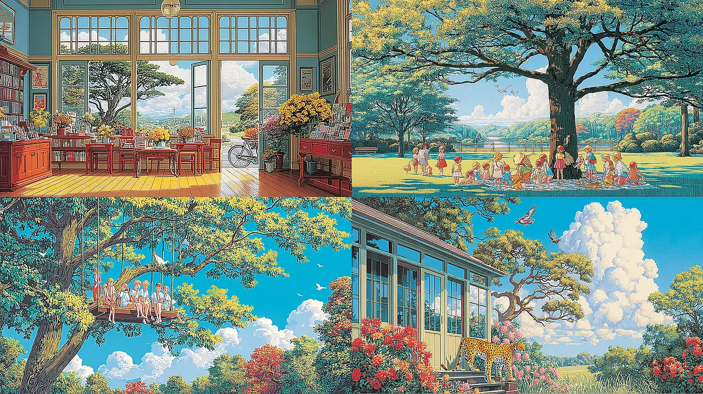 Whimsical pastoral scenes infused with vibrant nostalgia and serene storytelling - Midjourney sref style