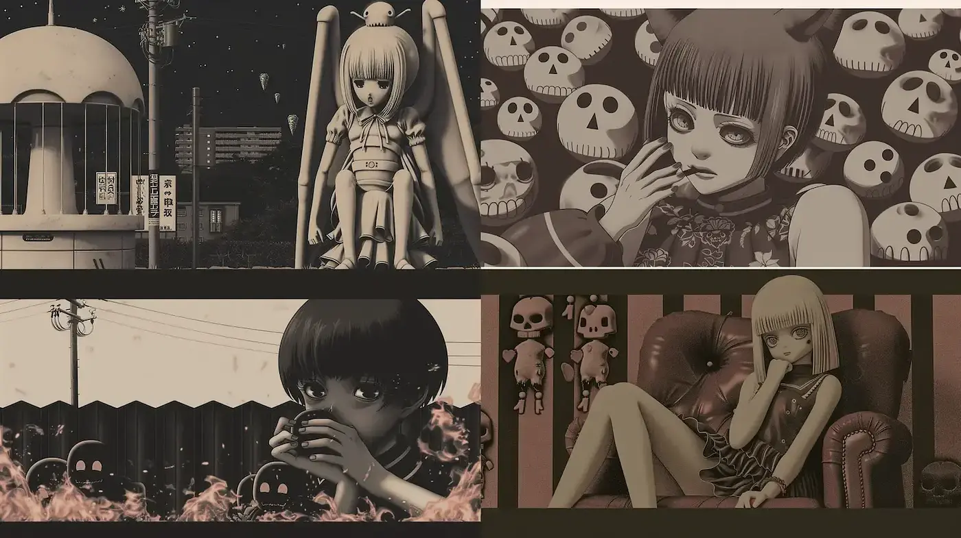 Darkly Whimsical Retro Aesthetics with Macabre Elements - Midjourney sref style