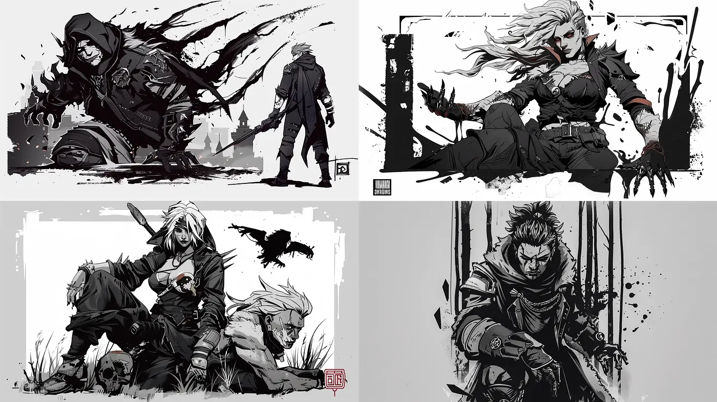 Monochromatic Dynamic Brushstroke Illustrations - Midjourney sref style