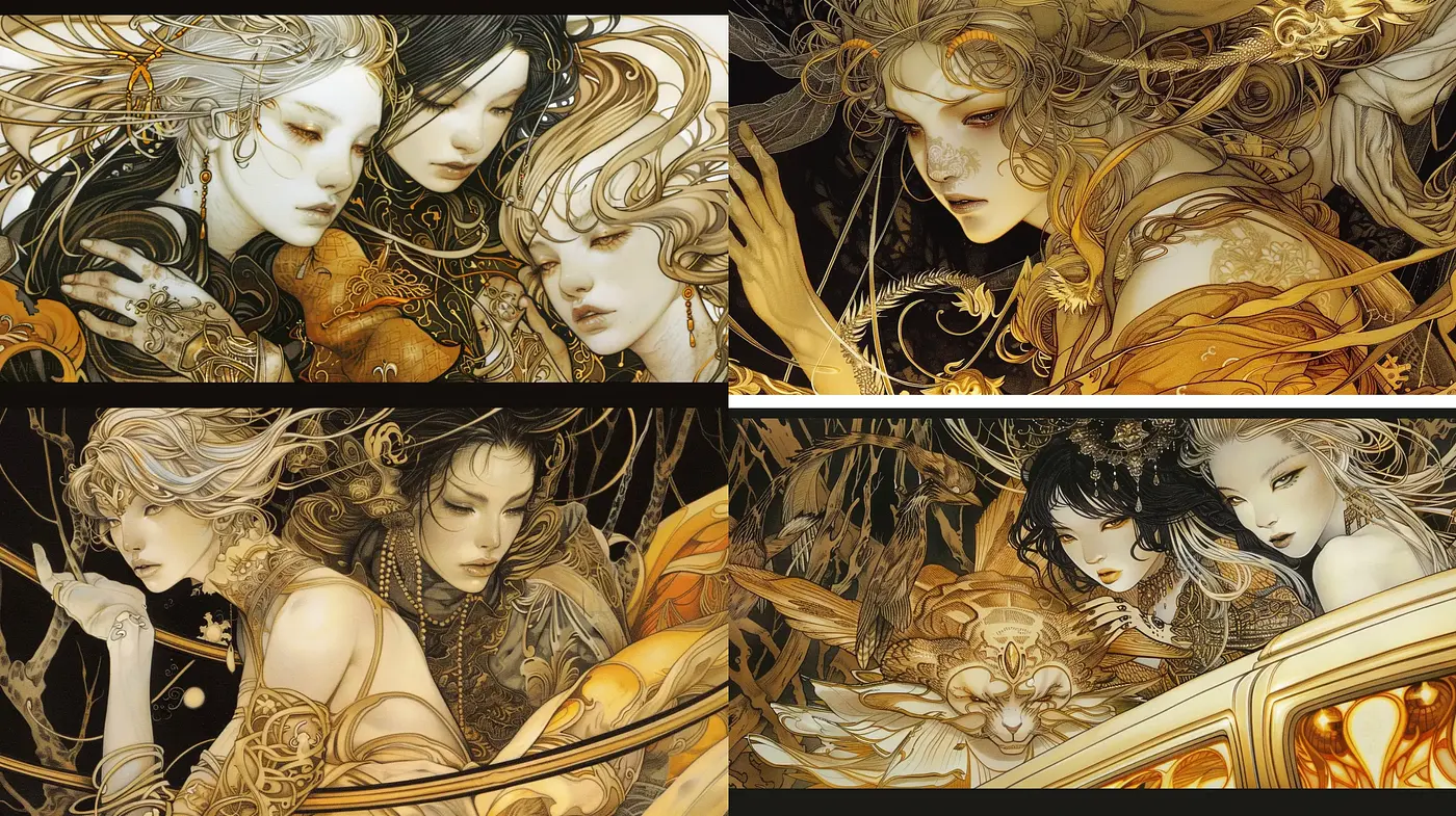 Ethereal Art Nouveau Reverie with Golden Opulence - Midjourney sref style