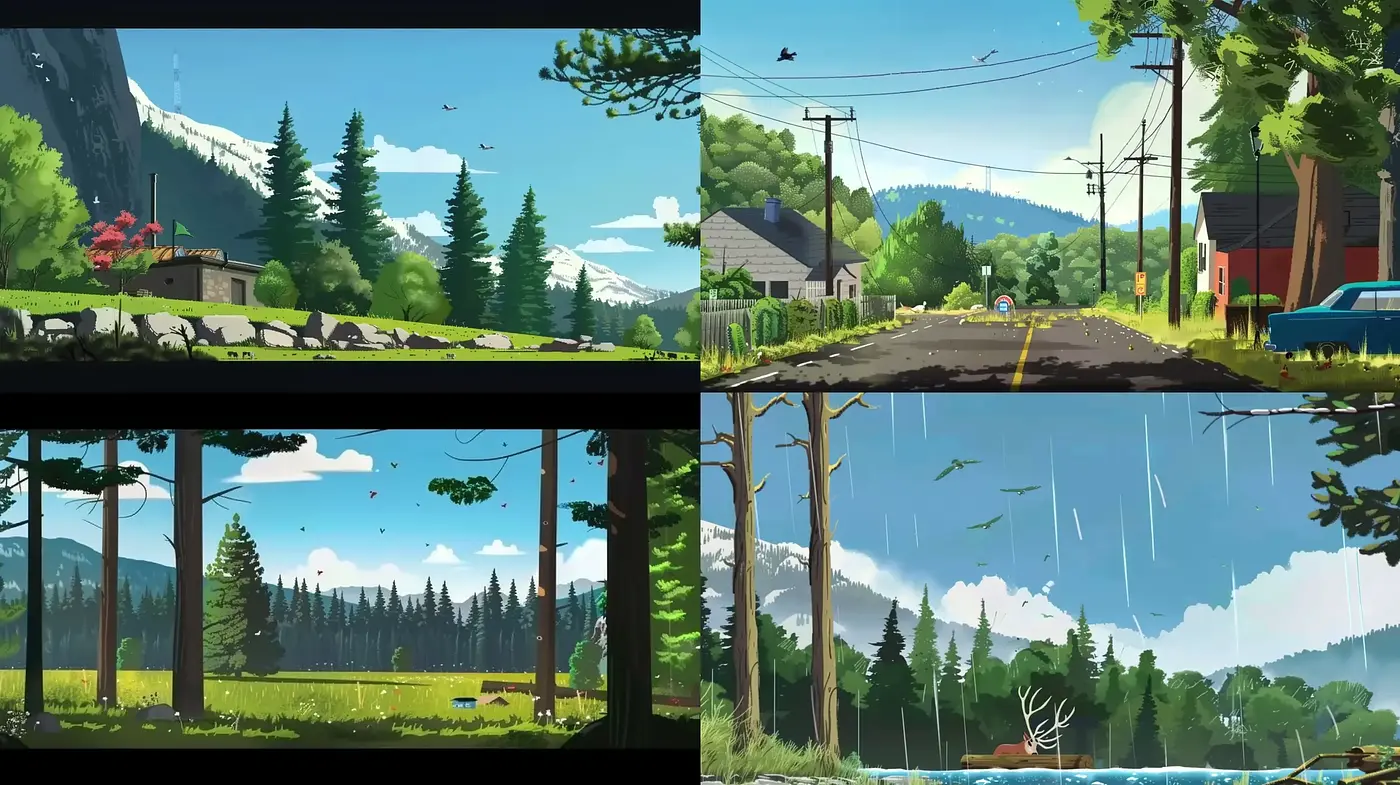 Digital Panoramas of Idyllic Rural Landscapes with a Stylized Vividness - Midjourney sref style
