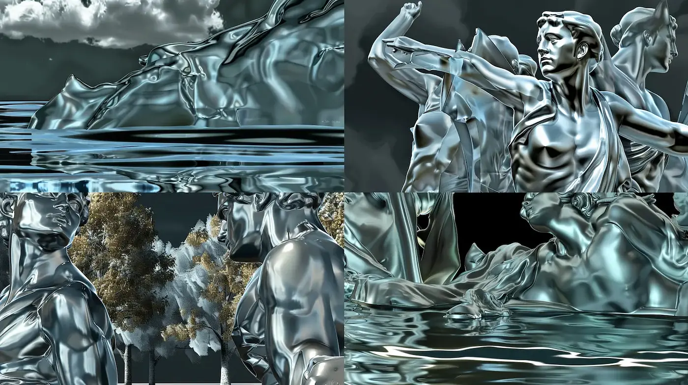 Sculptural Surrealism with Reflective Textures and Hyper-realistic Elements - Midjourney sref style