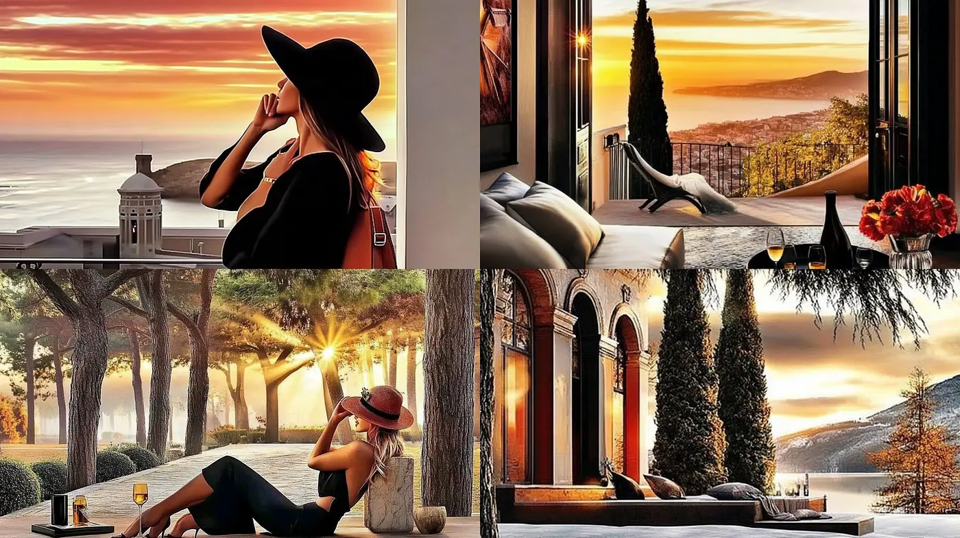 Elegant sunset views with a luxurious ambience and rich textures - Midjourney sref style