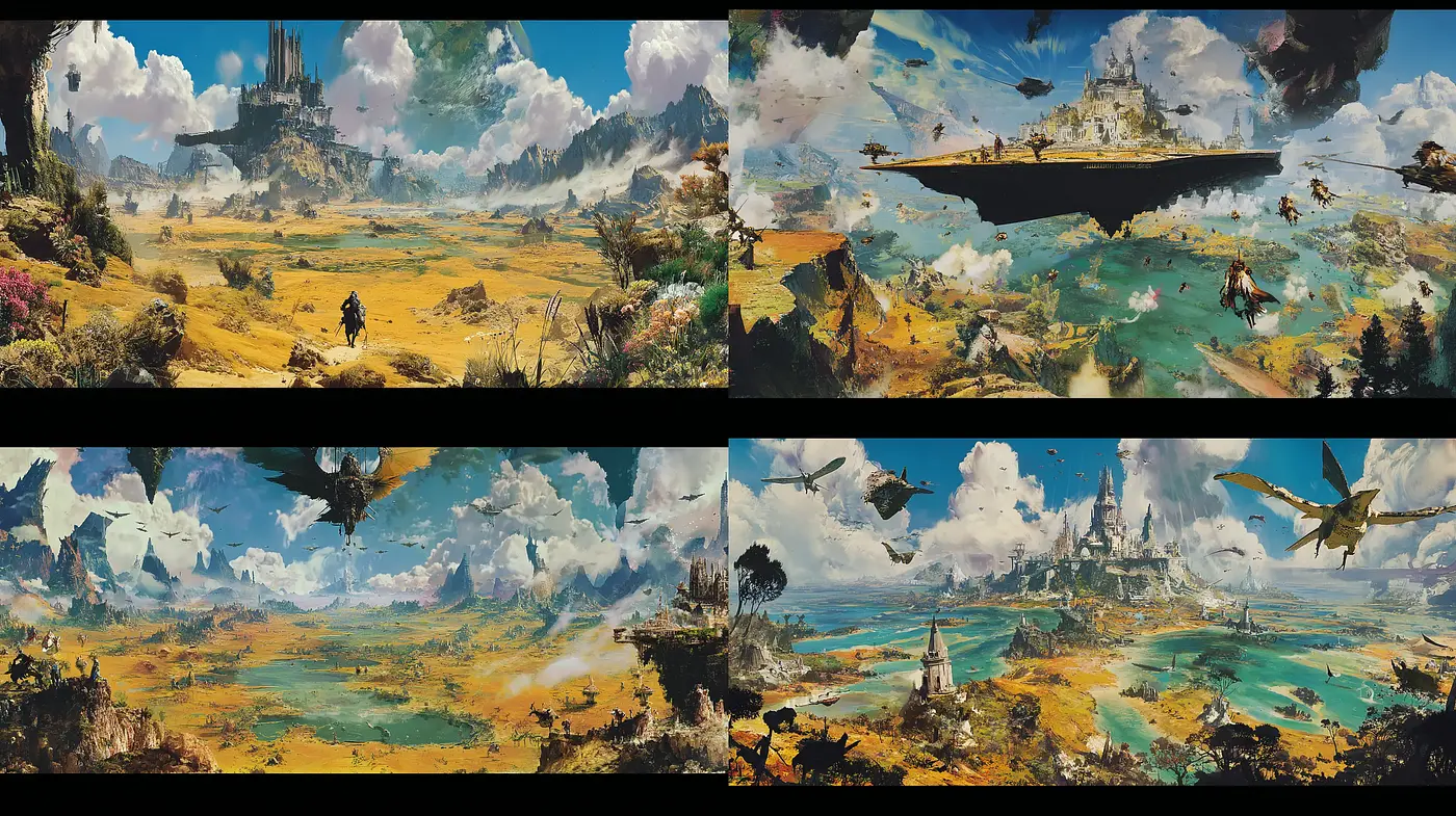 Vibrant landscapes with surreal elements and dynamic compositions - Midjourney sref style