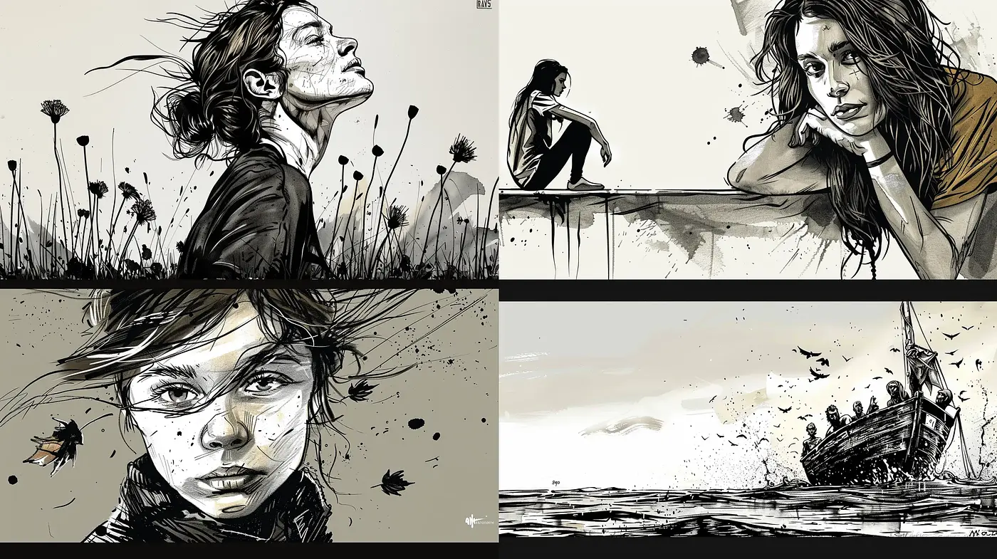 Monochromatic Emotive Expressionism in Digital Brushstrokes - Midjourney sref style