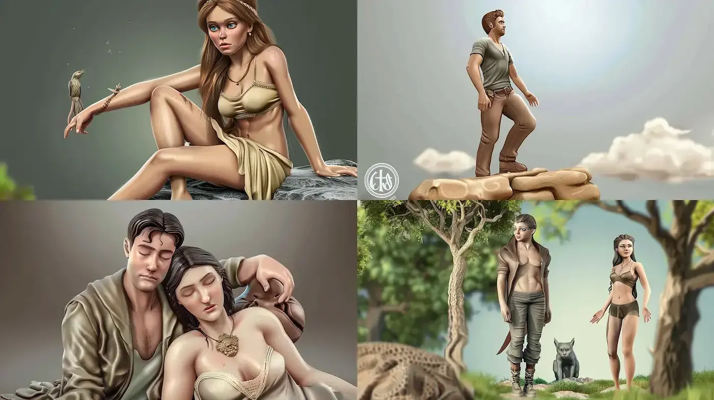 Stylized realistic character designs with a hint of nature and emotional depth - Midjourney sref style