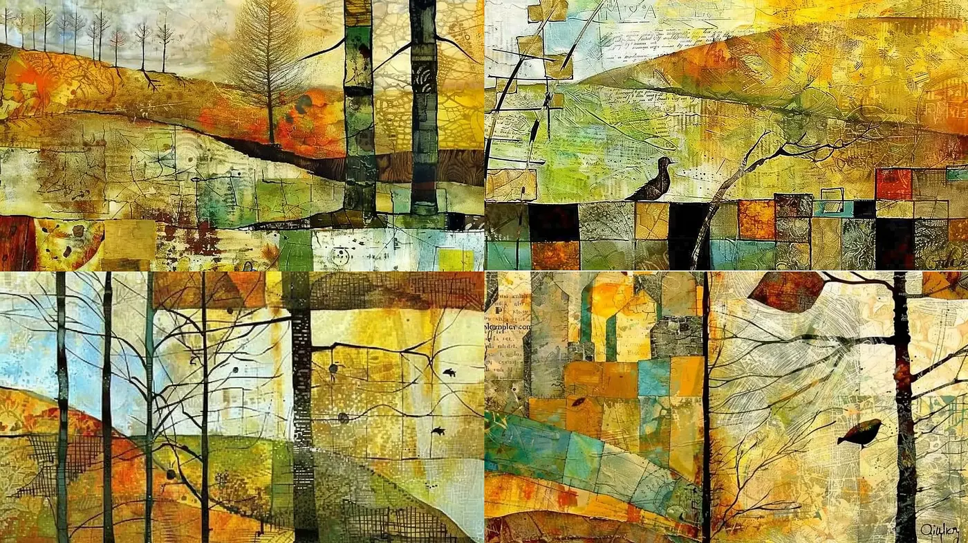 Abstract Landscape Collage with Textured Harmonics - Midjourney sref style