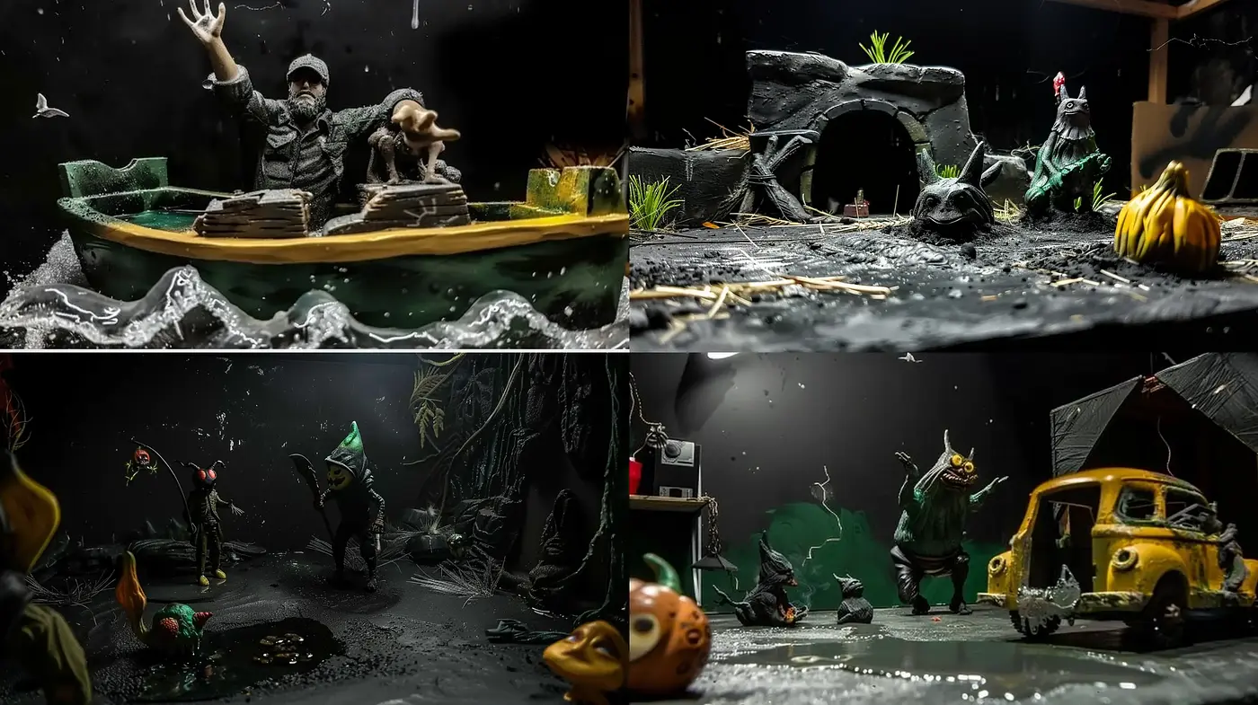 Enigmatic Nocturnal Diorama: A Stylistic Intersection of Daunting Shadows and Vivid Ephemera - Midjourney sref style