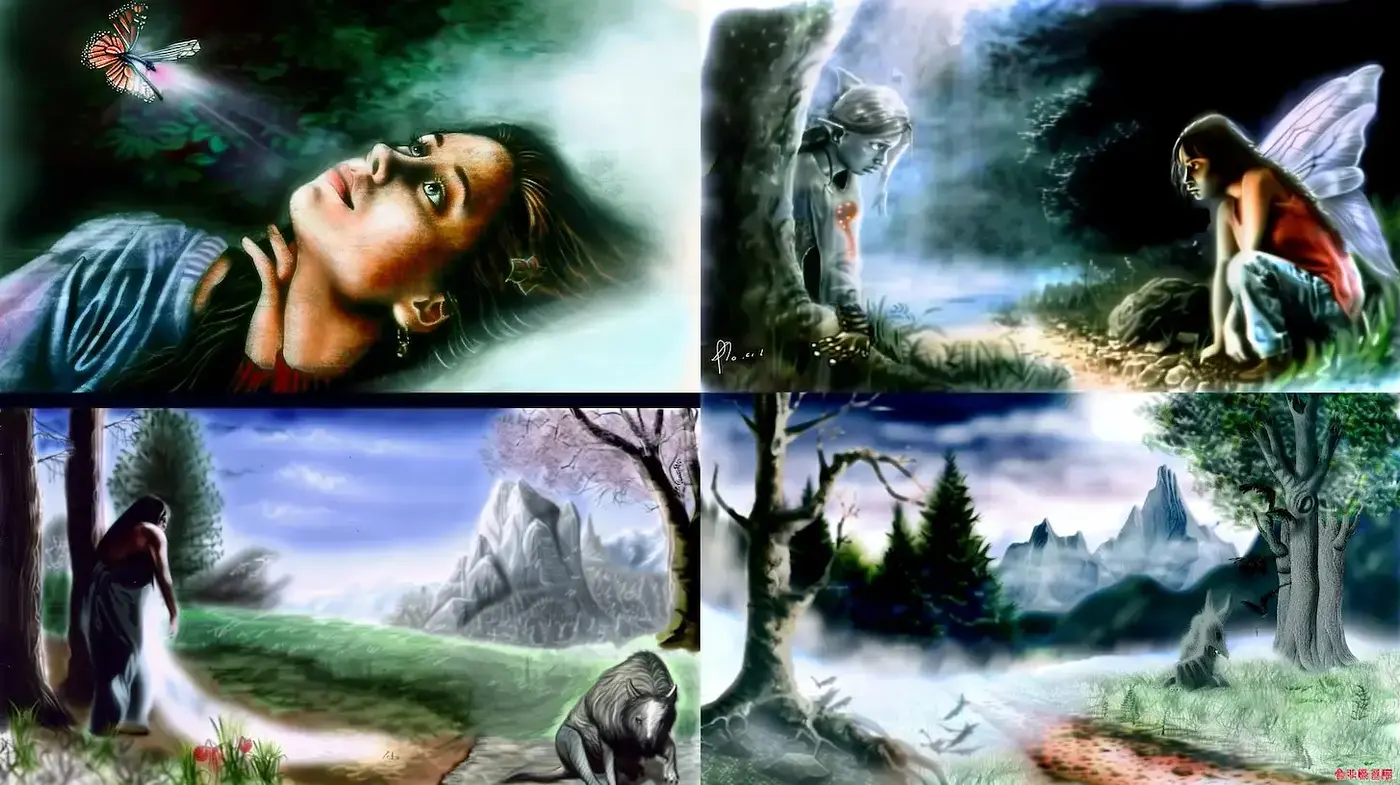 Dreamlike Fantasies with Ethereal Landscapes and Characters - Midjourney sref style