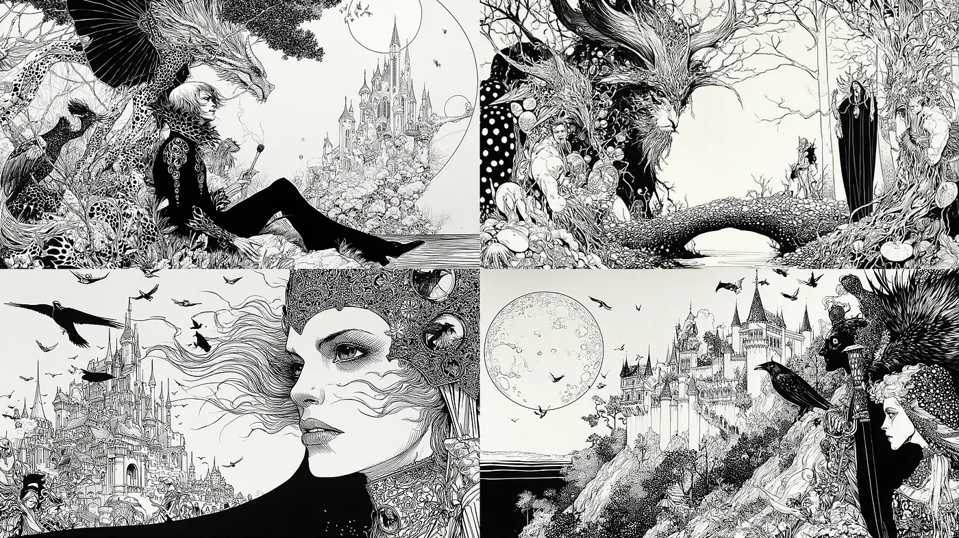 Intricate Black and White Surrealism with Fantasy Elements - Midjourney sref style