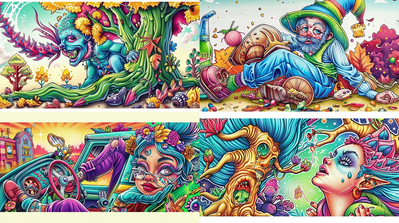Surreal and Vibrant Psychedelic Dreamscapes - Midjourney sref style