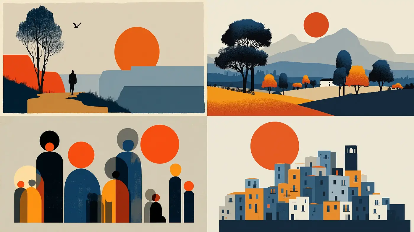Harmonious Blend of Mid-Century Modern and Minimalist Aesthetics in Flat Design - Midjourney sref style