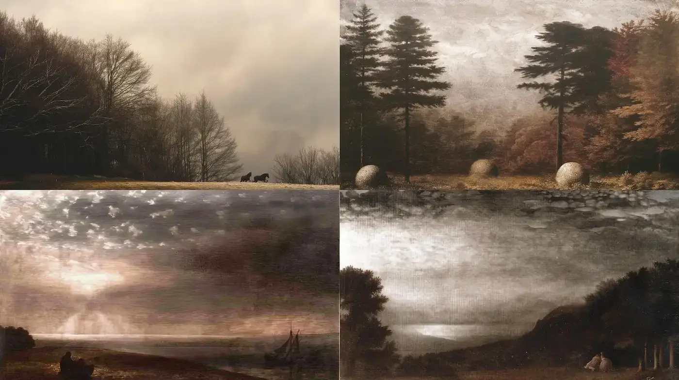 Atmospheric landscapes embodying a serene, timeless quality - Midjourney sref style