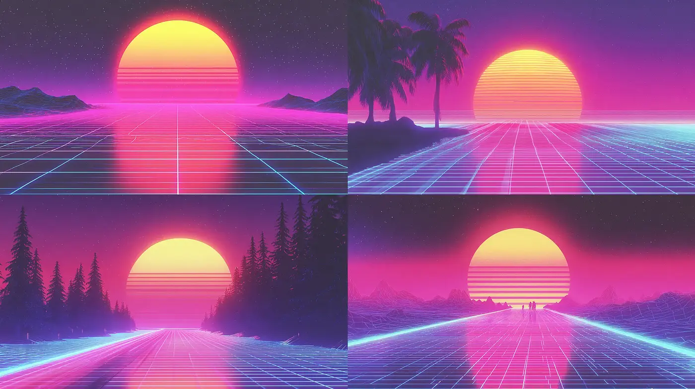 Vibrant Retro-Futuristic Landscapes with a Synthwave Aesthetic - Midjourney sref style