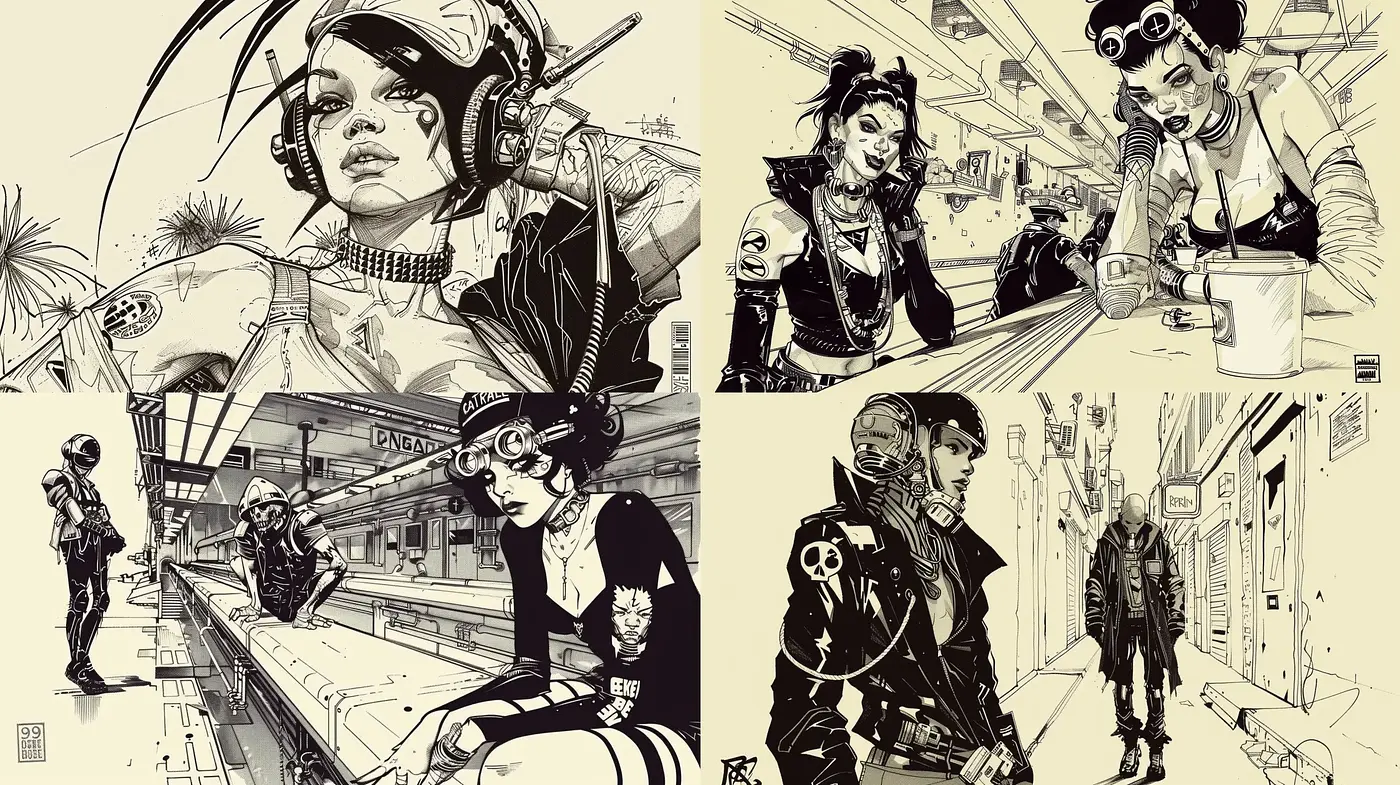 Monochromatic Retrofuturistic Comic Artistry - Midjourney sref style