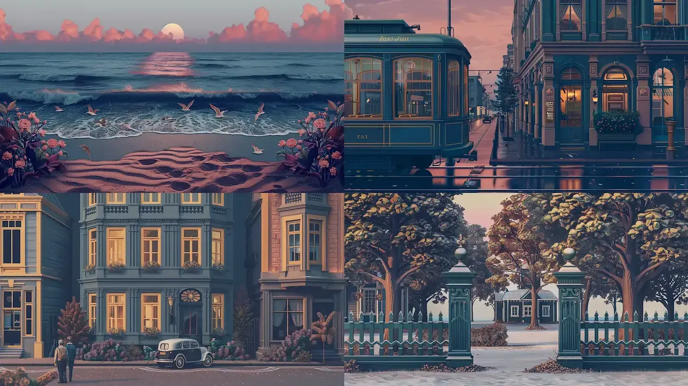 Quaint Urban Landscapes with Warm Nostalgia - Midjourney sref style