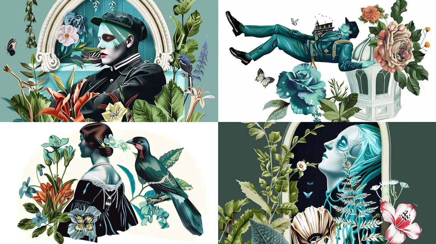 Botanical Elegance in Surreal Cyan Stories - Midjourney sref style