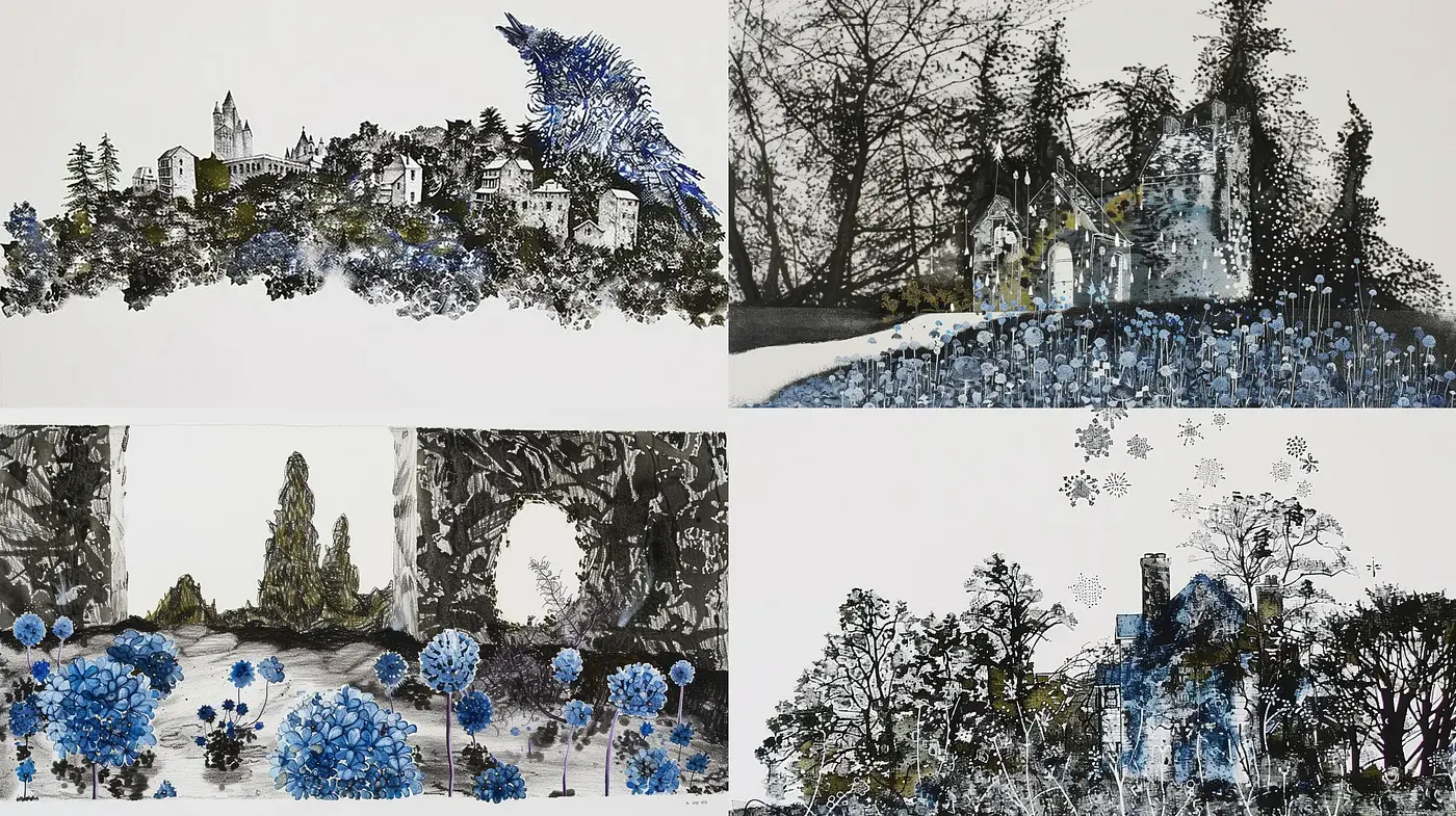 Monochromatic Blue Winter Landscapes with Graphic Novel Influences - Midjourney sref style