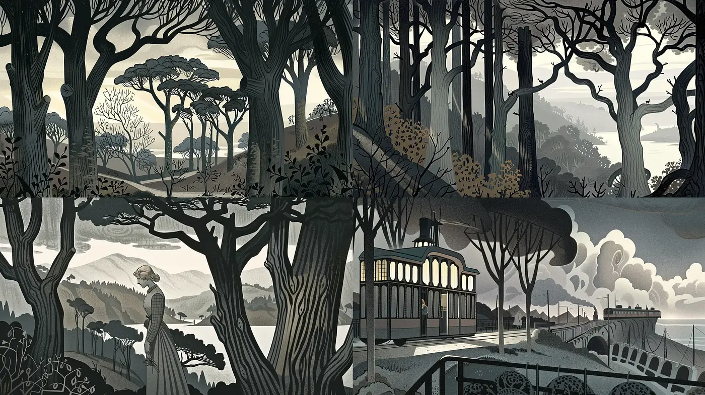 Serene Monochromatic Forest and Architectural Vistas - Midjourney sref style