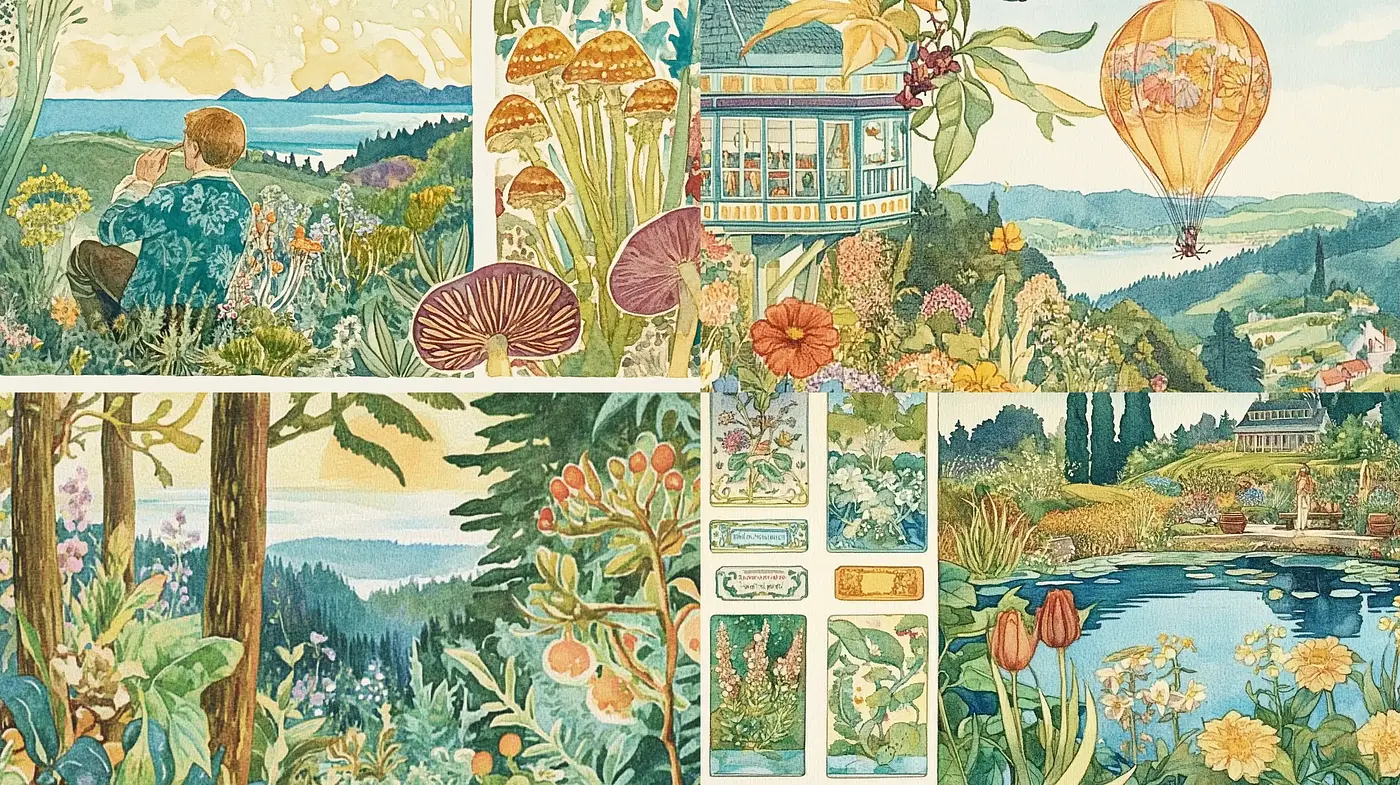 Idyllic Pastoral Scenes Blending Fantasy and Nature with a Hint of Art Nouveau Influence - Midjourney sref style