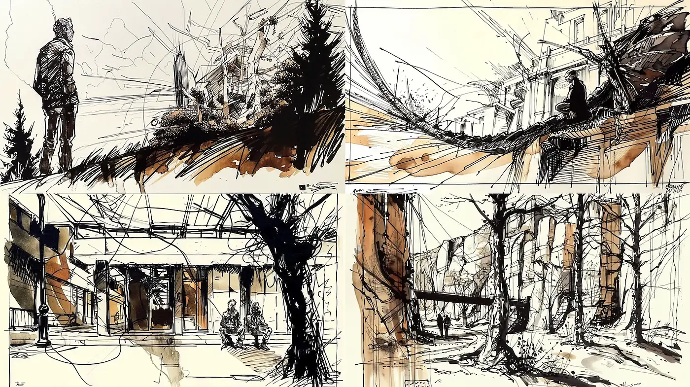 Dynamic and evocative urban landscapes with intricate line work and muted tones - Midjourney sref style