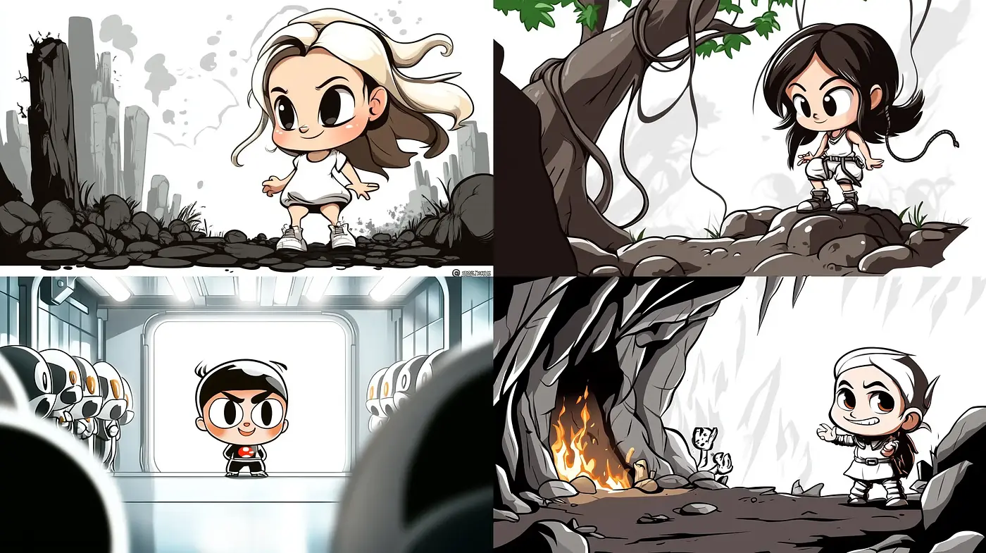 Stylized Cartoon Dichotomy with Muted and Crisp Chromatics - Midjourney sref style