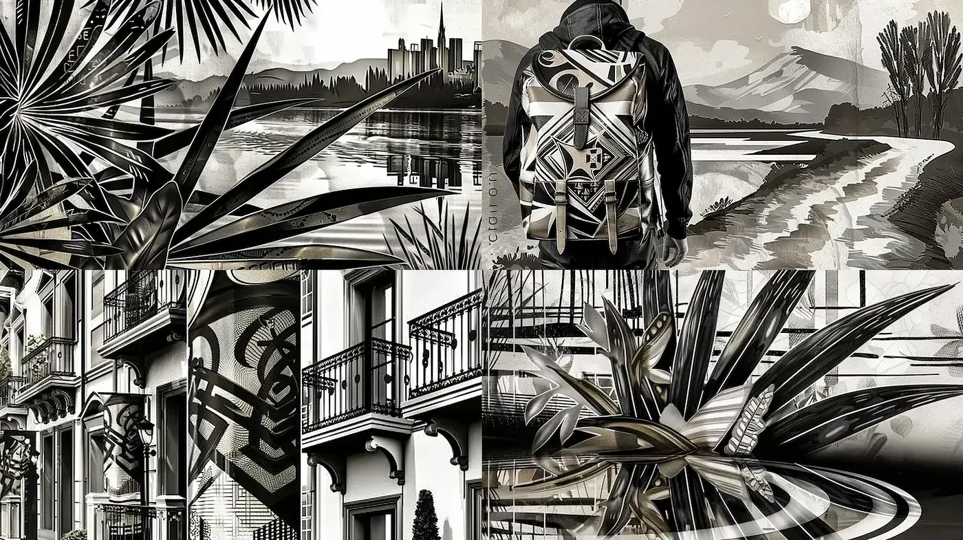 Dynamic Black and White Geometric Art with Nature Motifs - Midjourney sref style