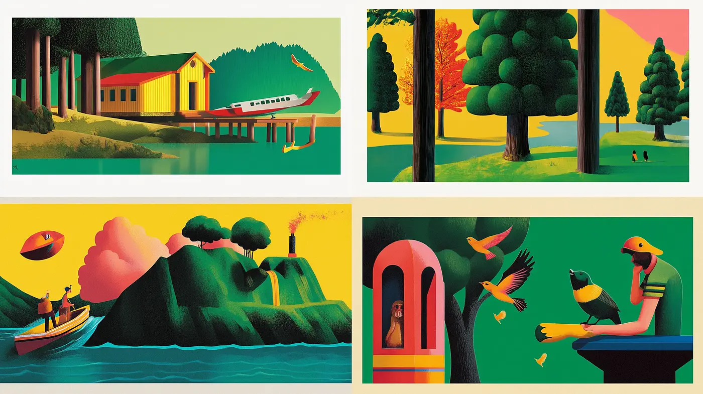 Saturated Serenity in Stylized Landscapes: A Homage to Mid-Century Modern Artistry - Midjourney sref style