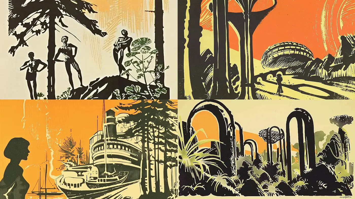 Retrofuturistic Journey through a Stylized Landscape - Midjourney sref style