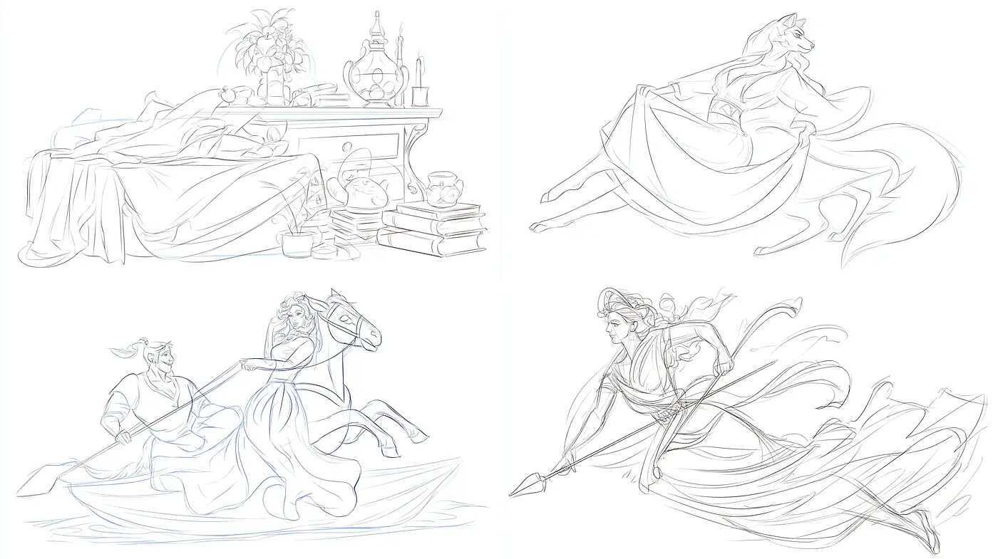 Fluid Dynamics of Whimsical Line Art Illustrations - Midjourney sref style