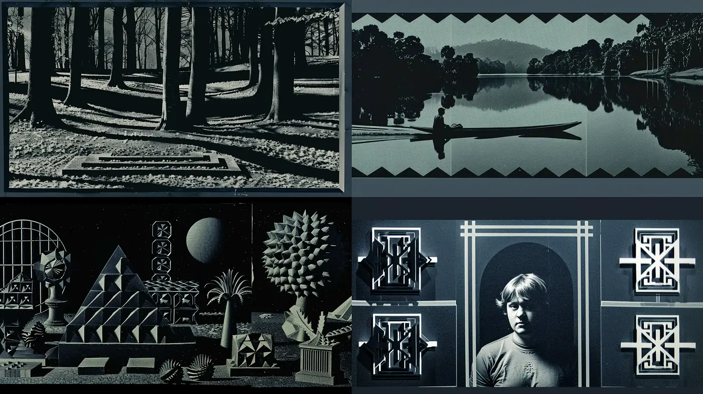 Monochromatic Textured World: Shadows and Geometry in Static Harmony - Midjourney sref style