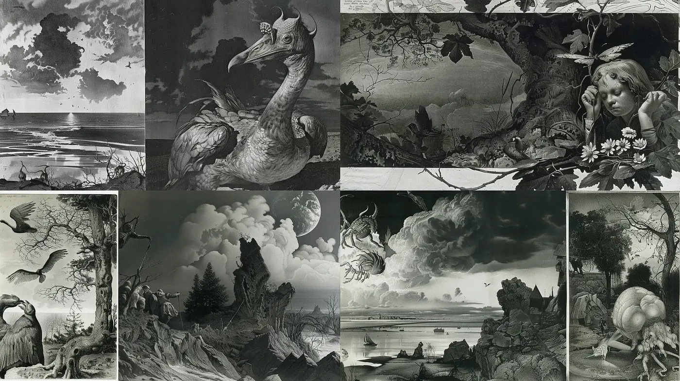 Monochrome Dreamscape in Graphite Textures - Midjourney sref style